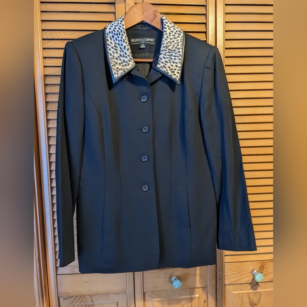 Kasper & Company Wool Blend Button Down Blazer with Leopard Print Details